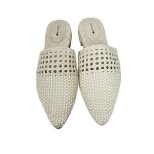 BIRDIES The Dove Mules Shoes Sz 9 Woven Leather Pointed Toe White Ecru Slip On